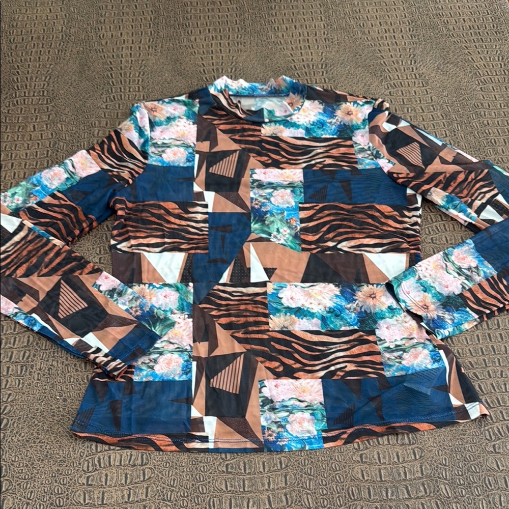 SHEIN Mesh Patchwork Long Sleeve Top XL Floral Tiger Stripe Abstract Print